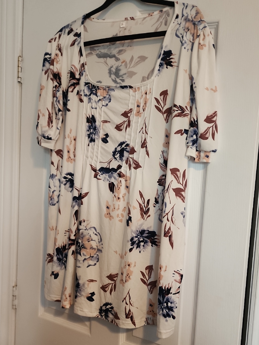 Floral Scoop Neck Women's Dress in White with Blue & Brown Prints